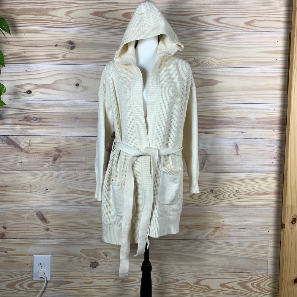 LL Bean Cardigan Womens‎ Large Ivory Hooded Waffle Knit Belted Sweater